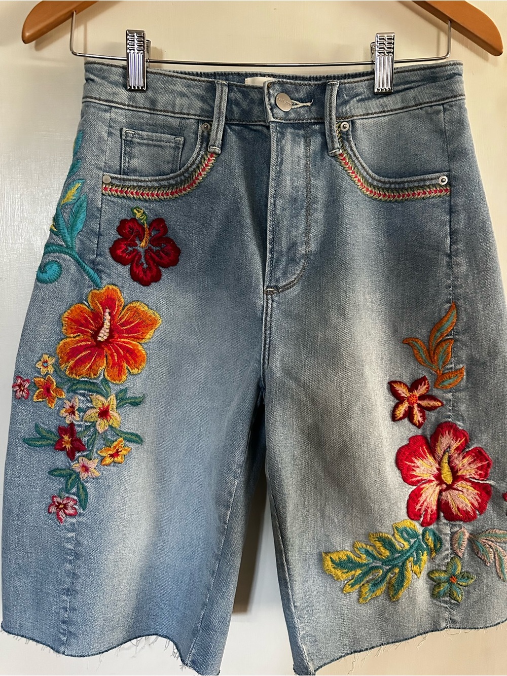 Free People Light Blue Denim Bermuda Shorts with Vibrant Floral Embroidery